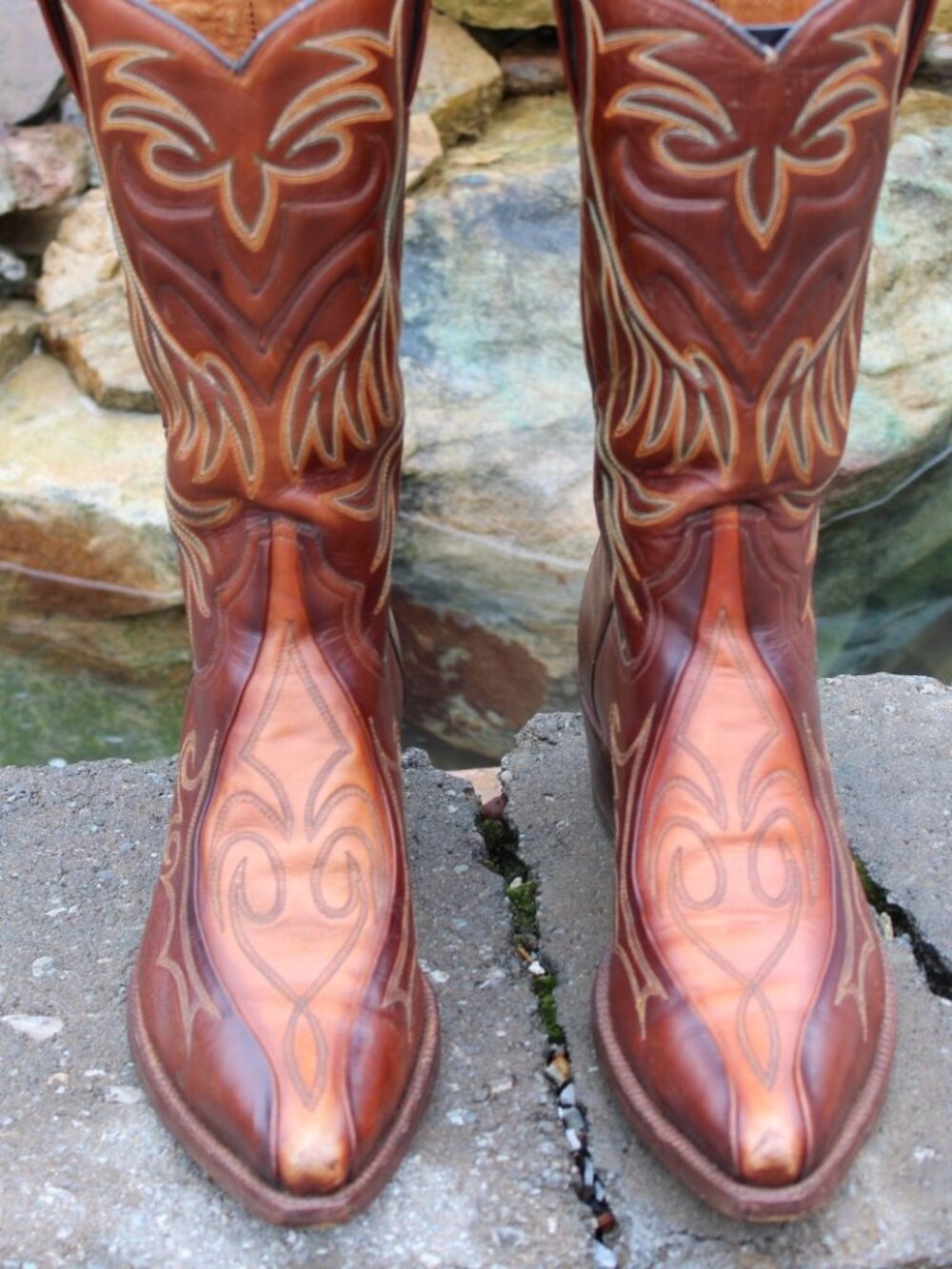 Dan Post two-tone cognac calfskin Men's Western Cowboy Boots Size 9D